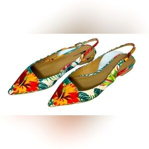NWB Matiko Lori Sling-Back Shoes in Hawaiian Print, Pointed Toes, 6.5 US (37 EU)